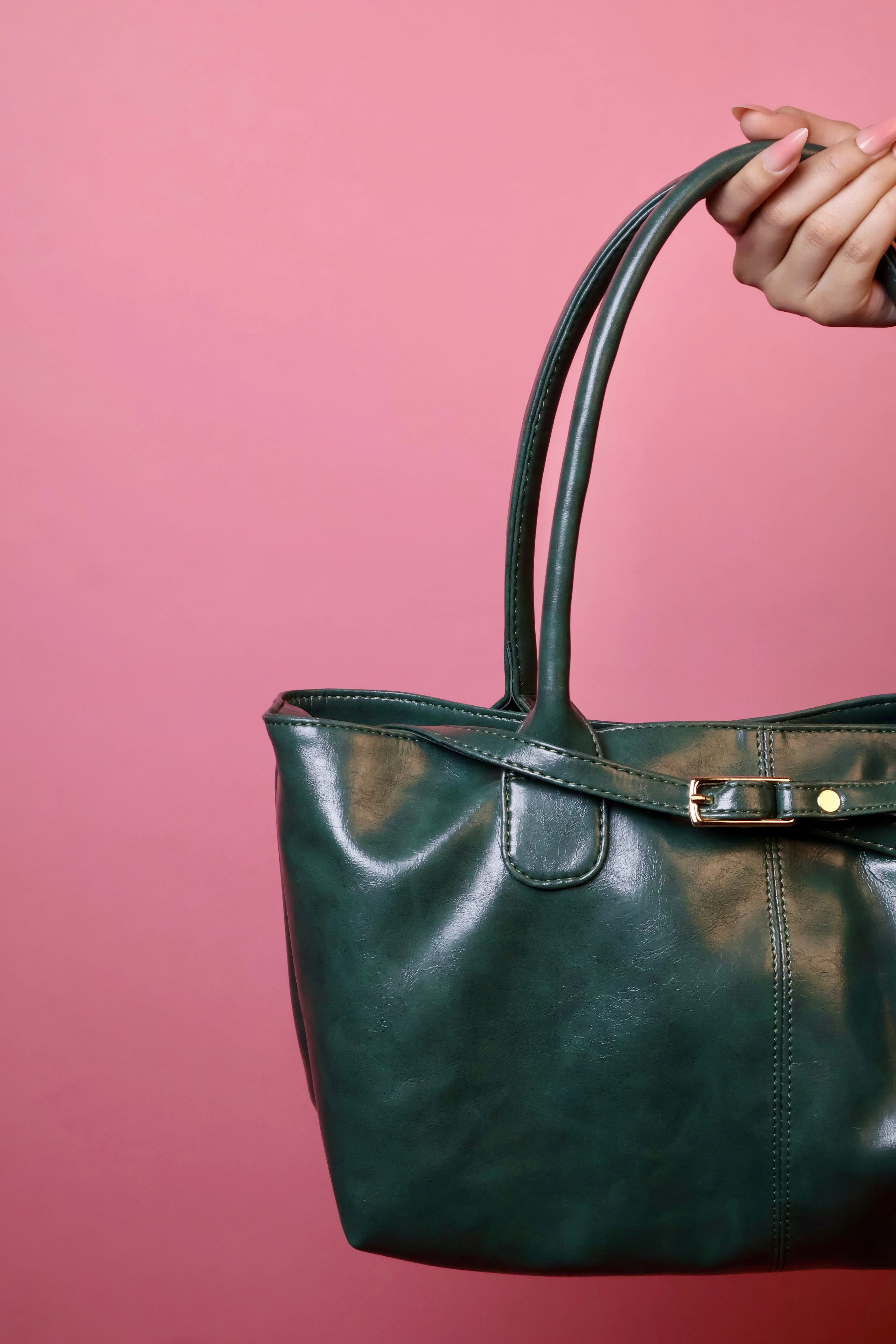 Emerald Green Buckle Detail Shoulder Tote Bag - Image 7